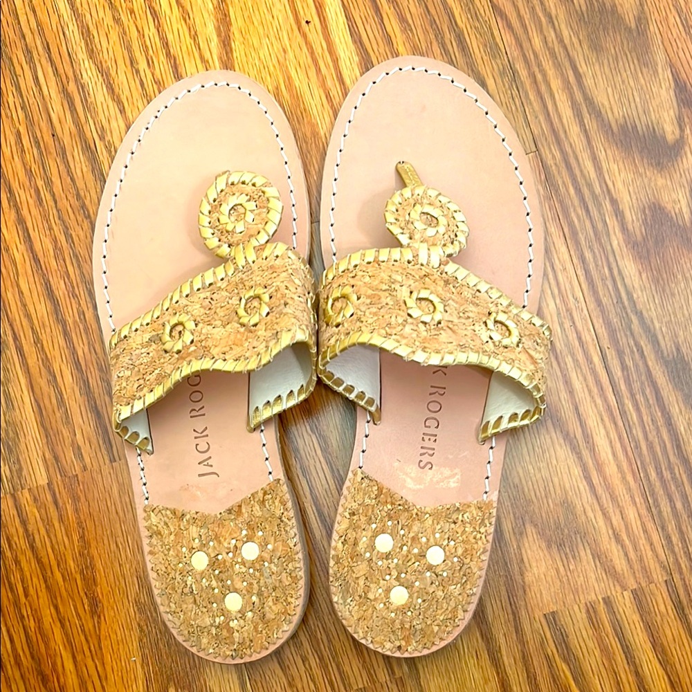 Jack Rogers Gold Cork Leather Thong Sandals NEW WITHOUT BOX - Picture 2 of 11